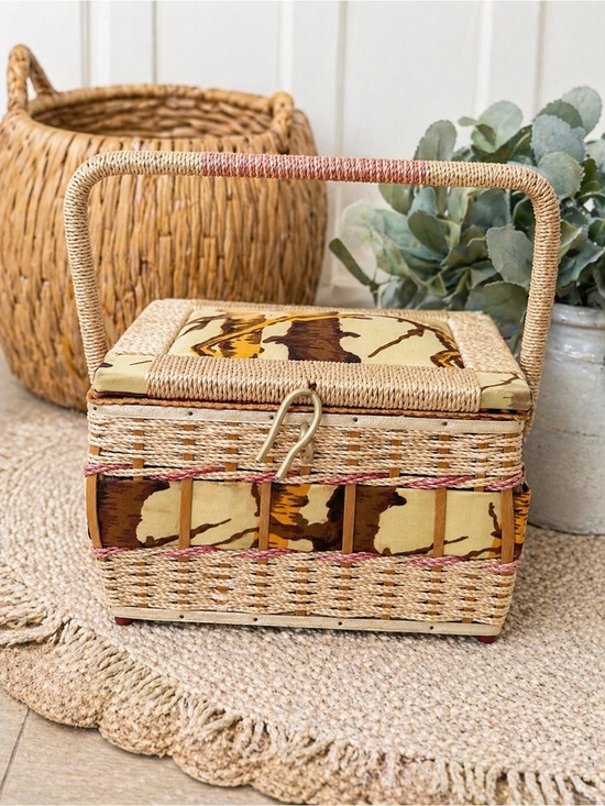 Other - Vintage Handwoven Natural Wicker Sewing Basket Tree Branch Brown & Cream Pattern